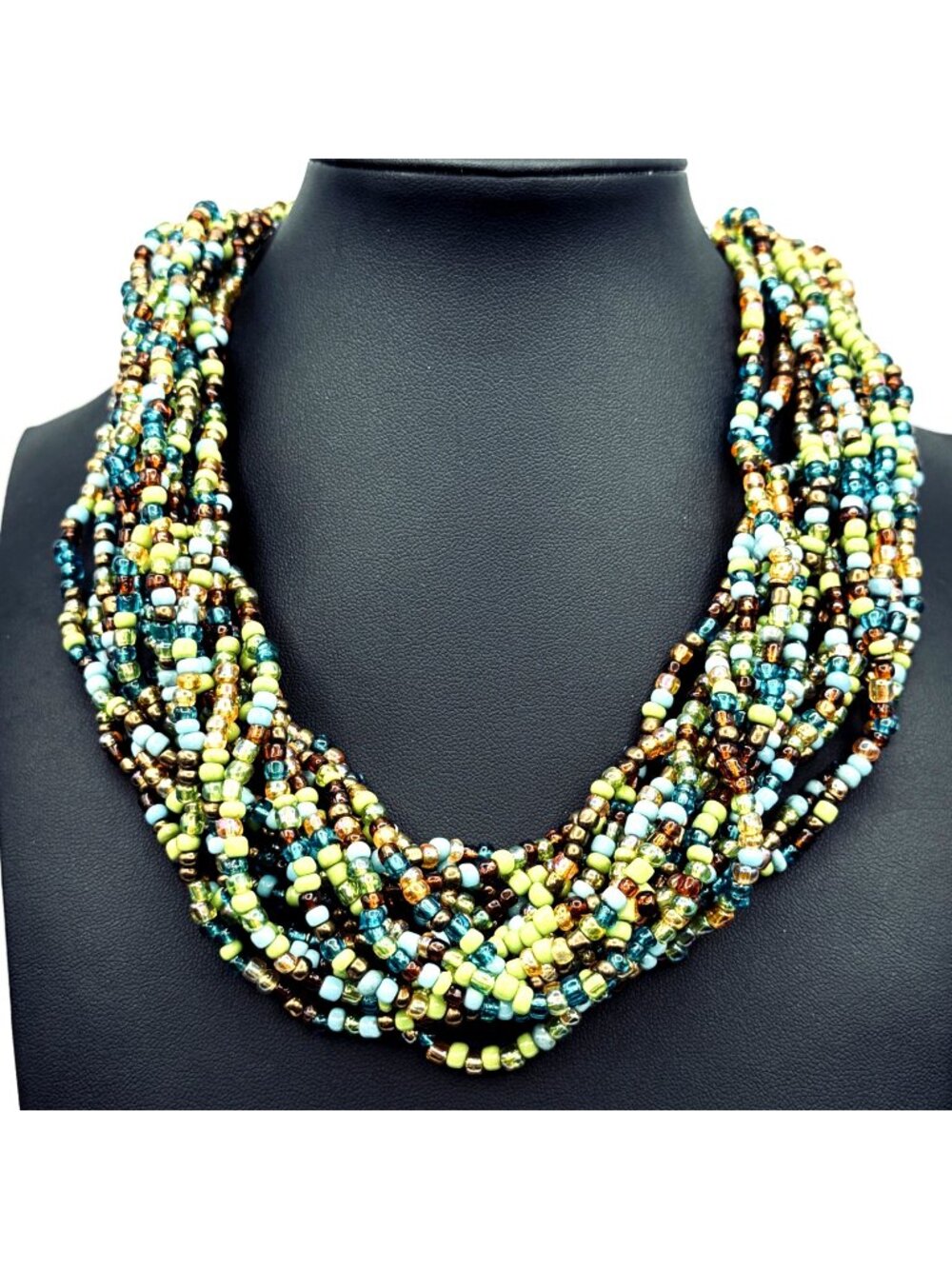 BOHO Blue Green Collar Necklace Multi Strand Bead Handmade Southwestern 18"